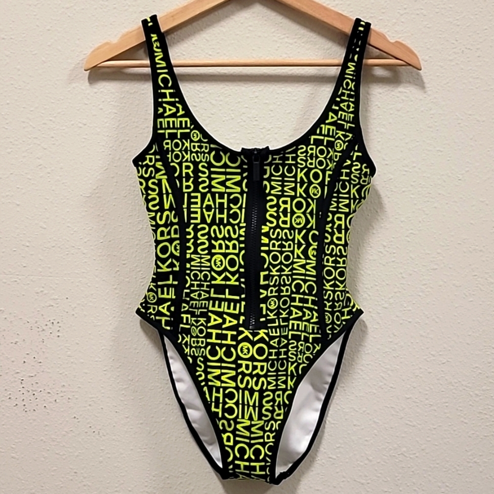 Michael Kors MK Bathing Suit Logo Print Neon Green Size 6
